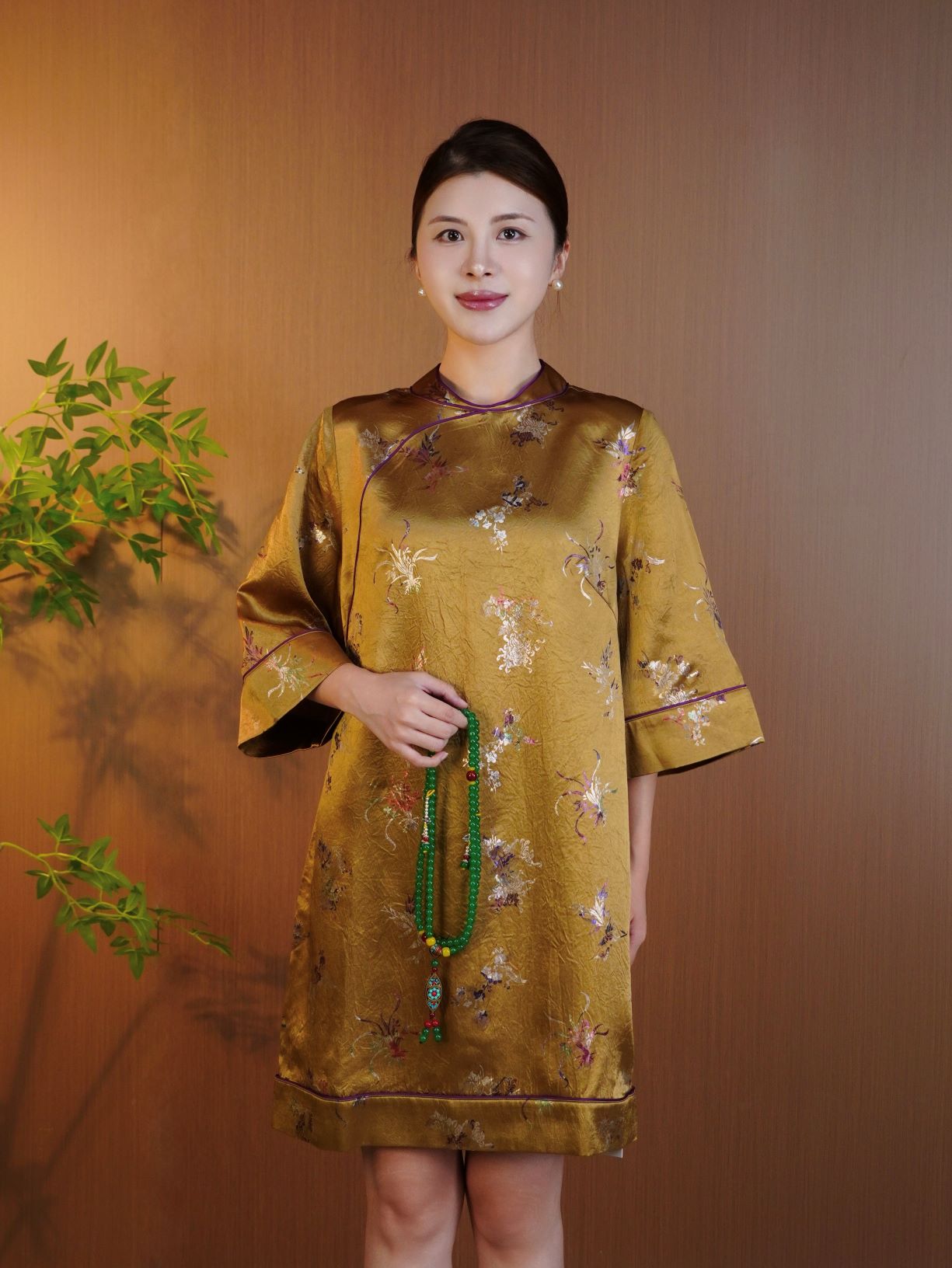 古月茗里【墨夜鎏星】新中式国风女装姜黄色醋酸印花连衣裙